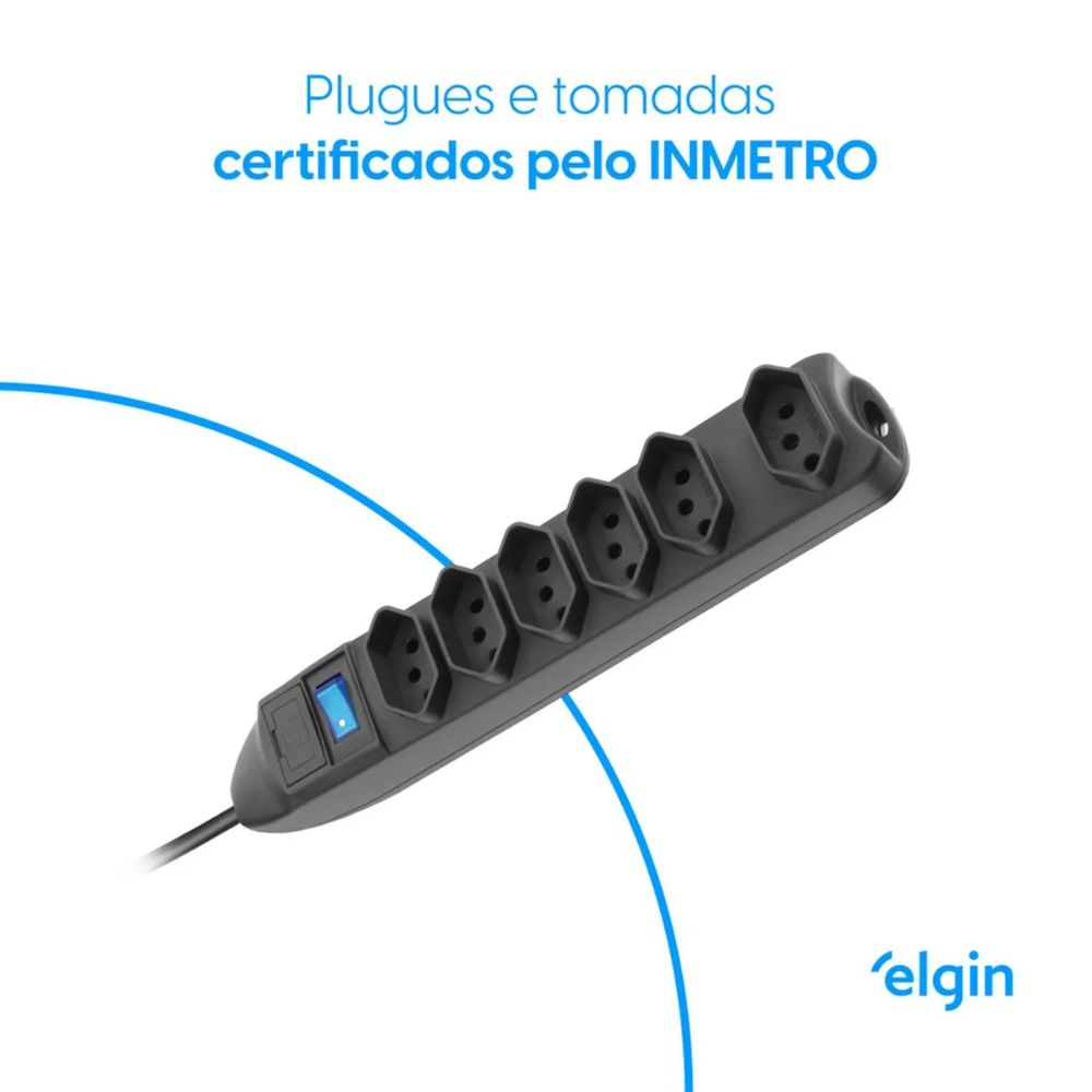Protetor de Linha Elgin 6 Entradas 10A 2P + T, 110V/220V, Cabo 1,5 Metro, Preto (46RFL3060000)