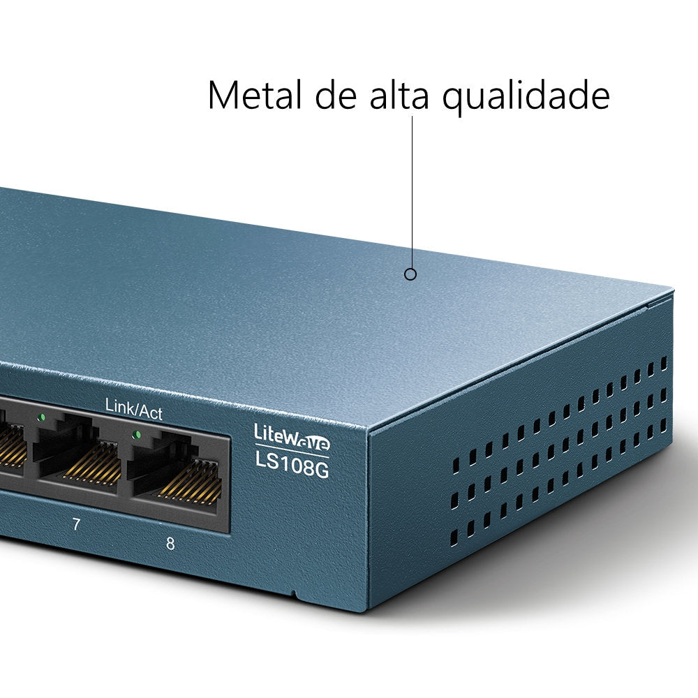 Switch TP-Link LS108G Gigabit 8 Portas 10/100/1000 Mbps Mesa Case Metal LiteWave Plug & Play Não Gerenciável