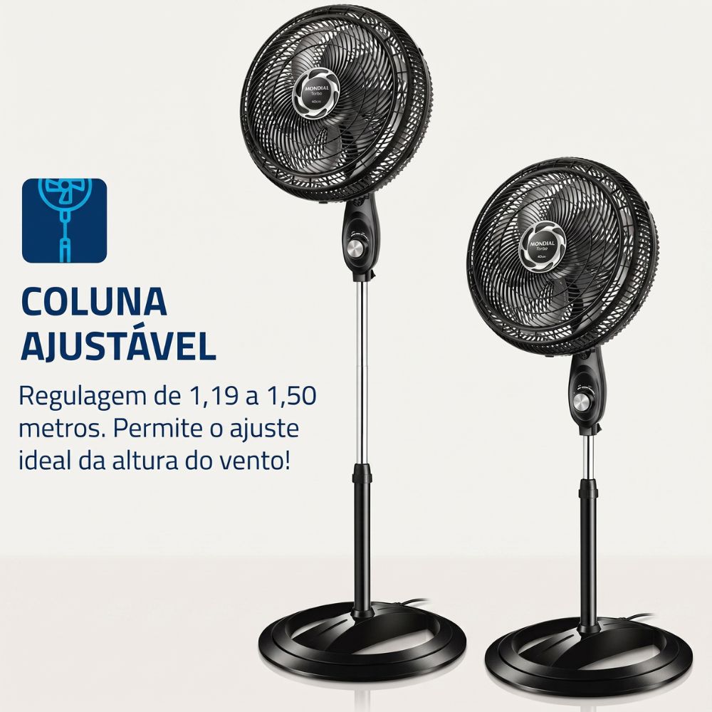 Ventilador de Coluna 40cm Mondial Turbo NVT-40C-8P-B Com 8 pás, 3 Velocidades, 140W, 220V - Preto/Prata
