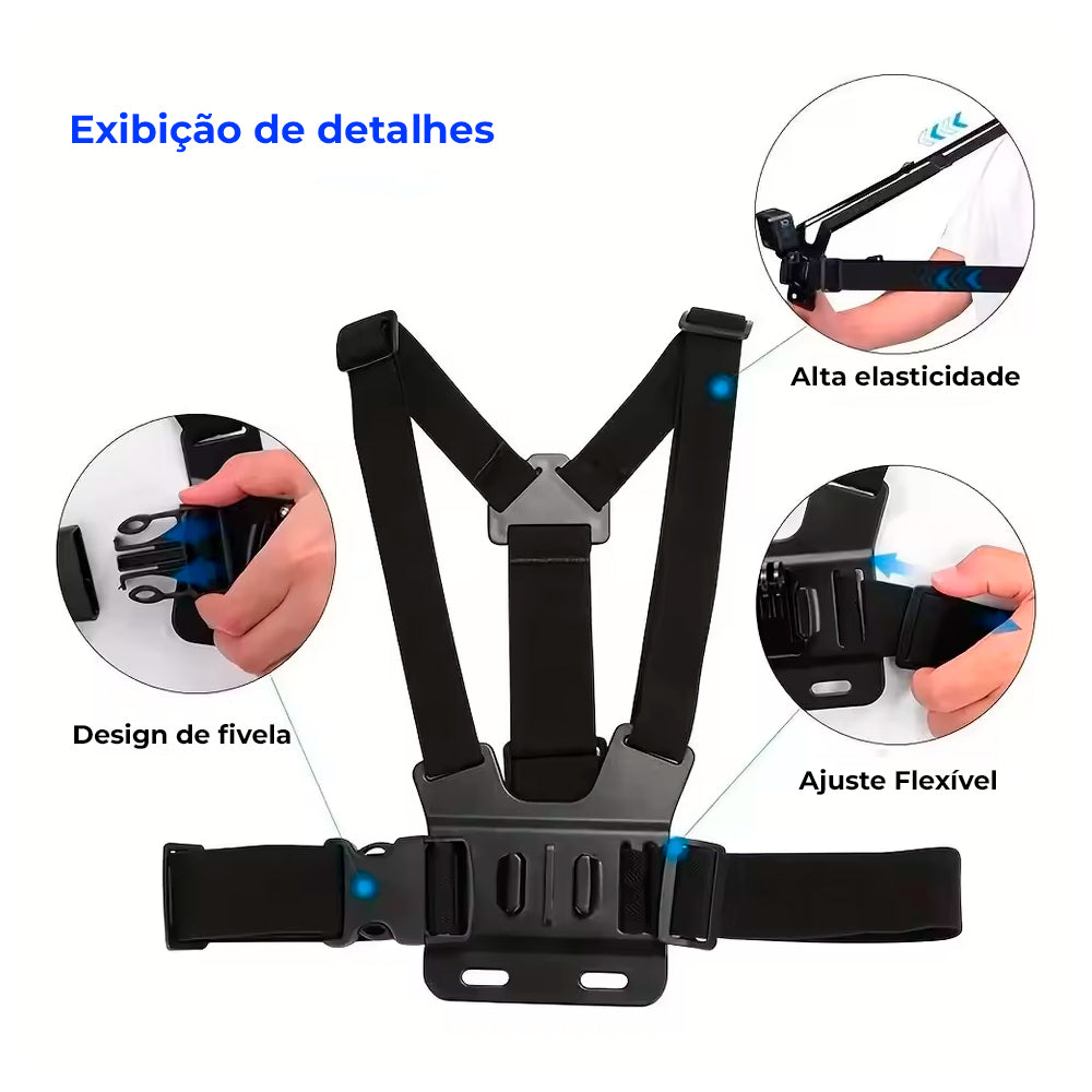 Kit Suporte Para Celular e Câmeras GoPro, 6 Peças, Suporte de Peito e Cabeça, Ajustável, Estabilidade Reforçada, Preto