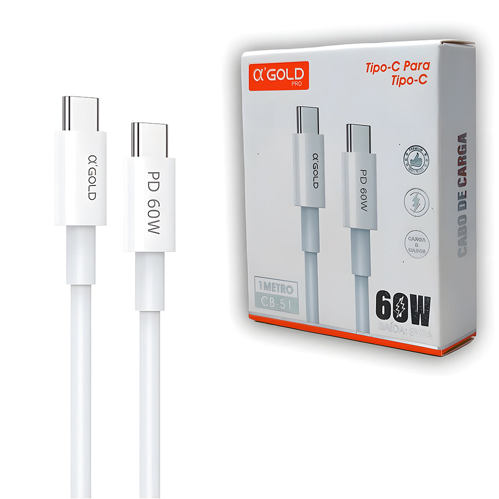 Cabo USB-C Para USB-C, Carga e Dados, 1 Metro de Comprimento, 60W, 9V, 3A, A'Gold, CB-51