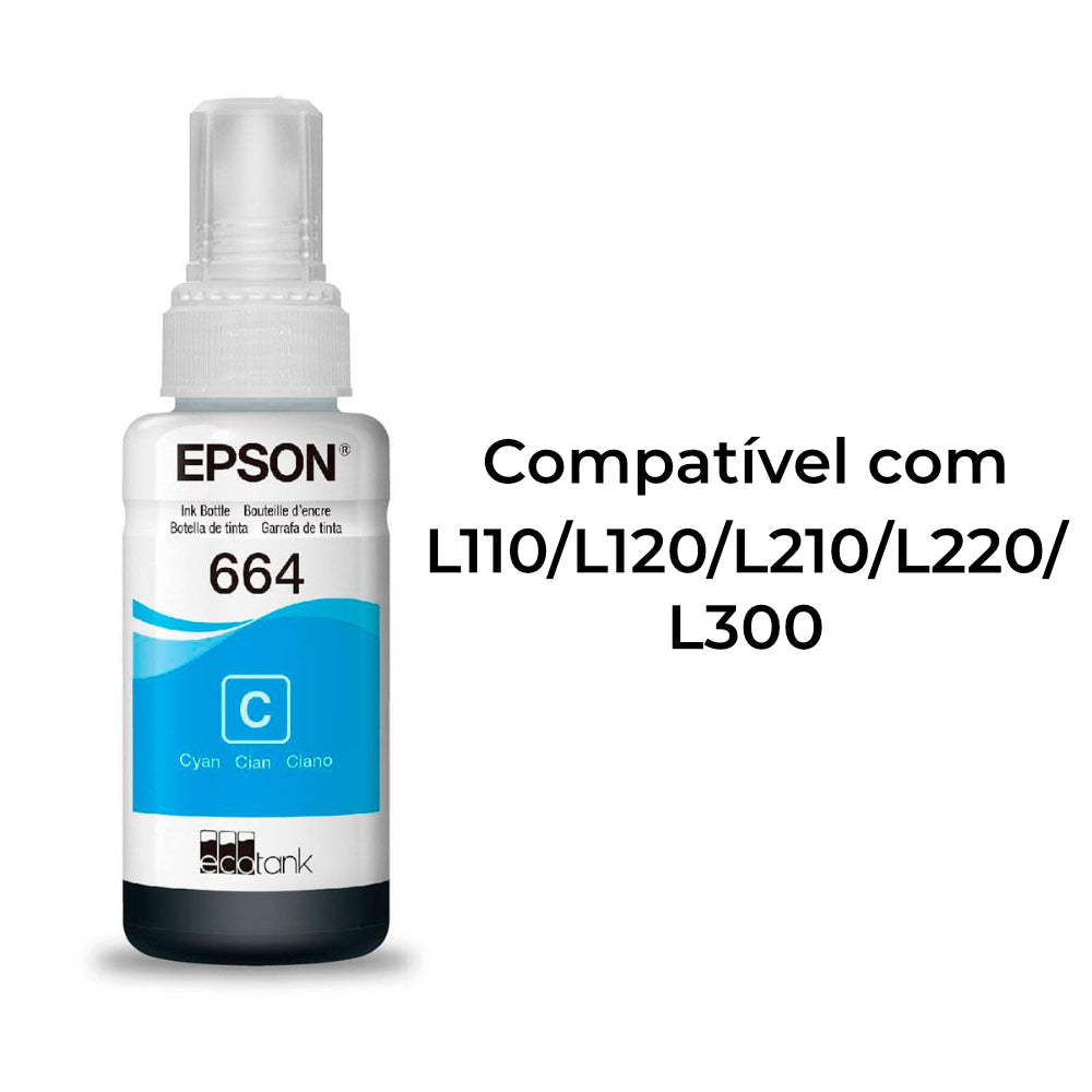Refil de Tinta Epson 664 Ciano 70Ml T664220 Rende até 4.000 Páginas, Para L110/L120/L210/L220/L300 (Caixa)