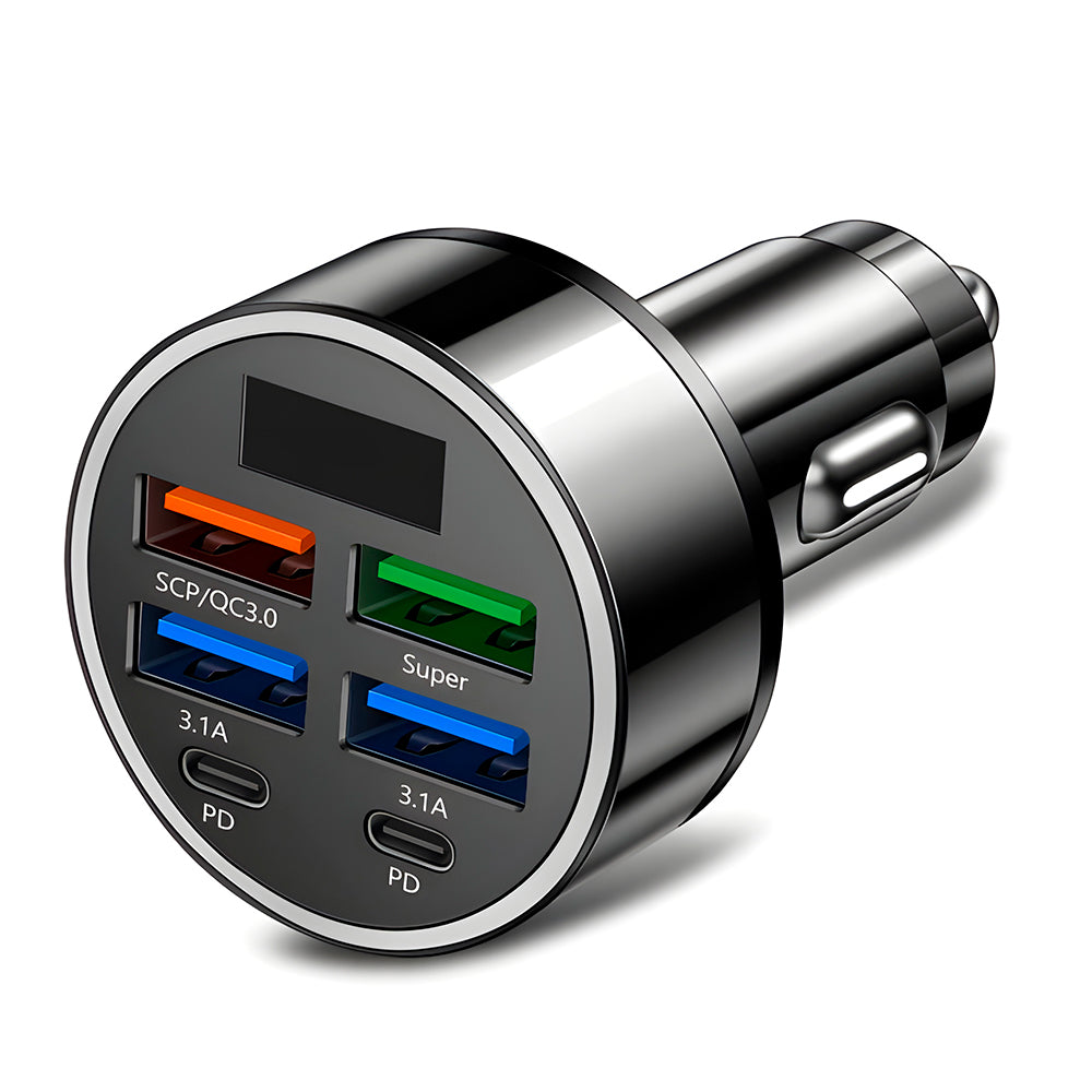 Carregador Veicular Fast Charging Com 4 Portas USB 3.1A, Duas Portas USB-C e Display Digital - Preto