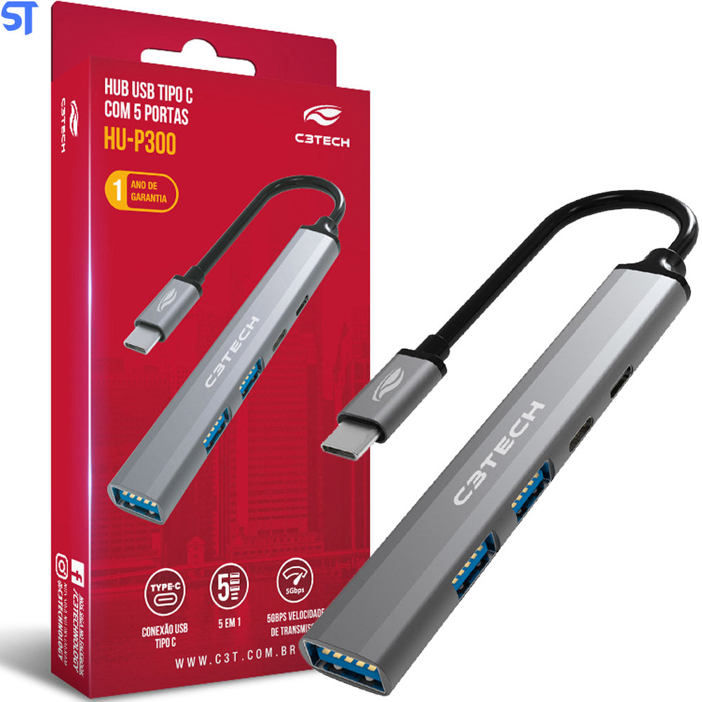 Hub USB-C 3.0 Com 5 Portas HU-P300SI C3Tech