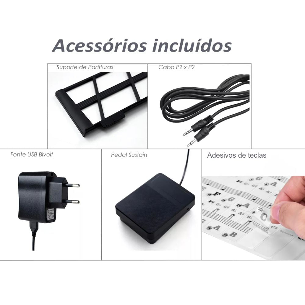 Kit Teclado Musical Kobe KB-300 com 61 Teclas Sensíveis ao Toque ,Suporte em X10 e Capa de Transporte Preto