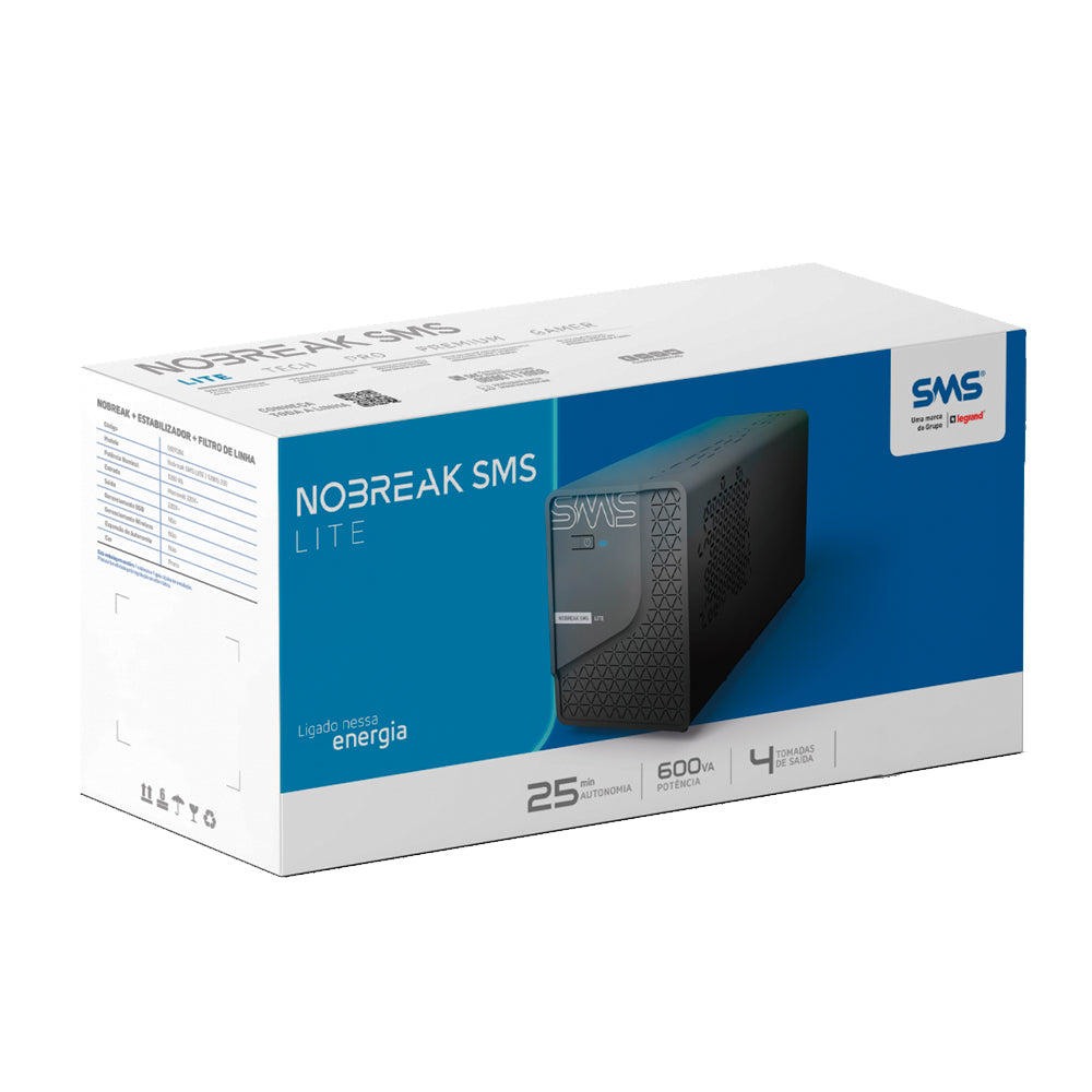 Nobreak Sms Lite, 600VA Monovolt , 4 Tomadas, Entrada e Saída 220V - 0029201