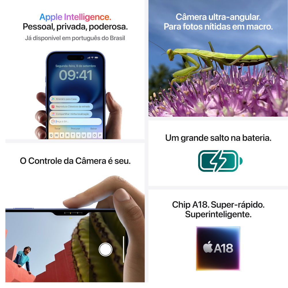 Iphone 16 Apple iOS 128Gb Tela 6,1'' Câmera de 48MP Com Cabo de Recarga USB-C, (MYE93BR/A) Branco