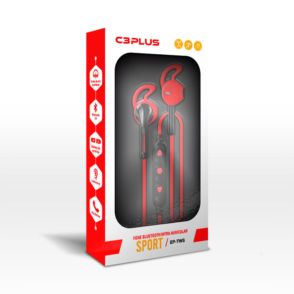 Fone de Ouvido Bluetooth 5.0 C3Plus EP-TWS-10RD Intra-Auricular Vermelho, com Microfone, 5h Bateria - Vermelho