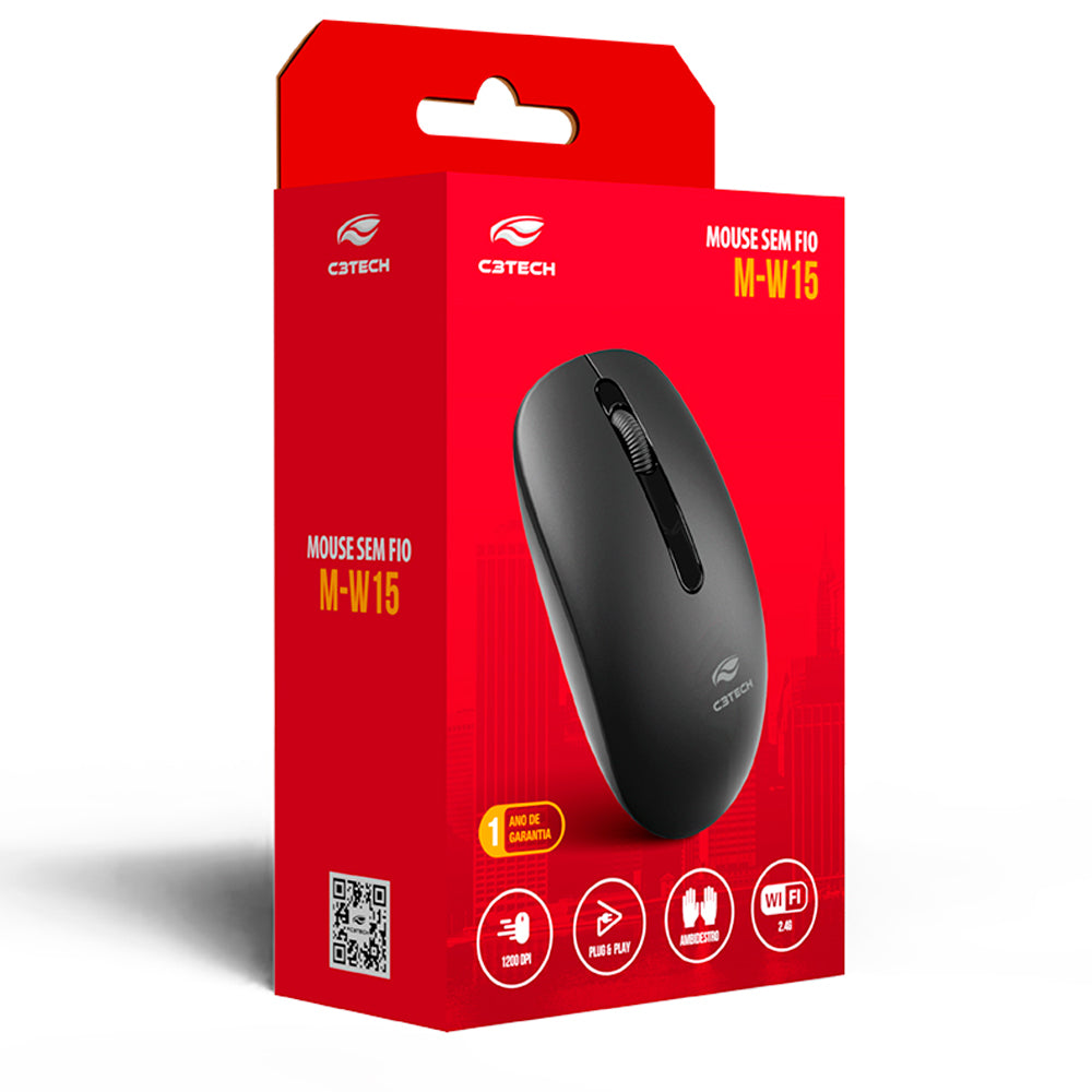 Mouse Sem Fio, 2.4GHz, 1.200 DPI, M-W15BK, C3Tech, Plug And Play, Preto
