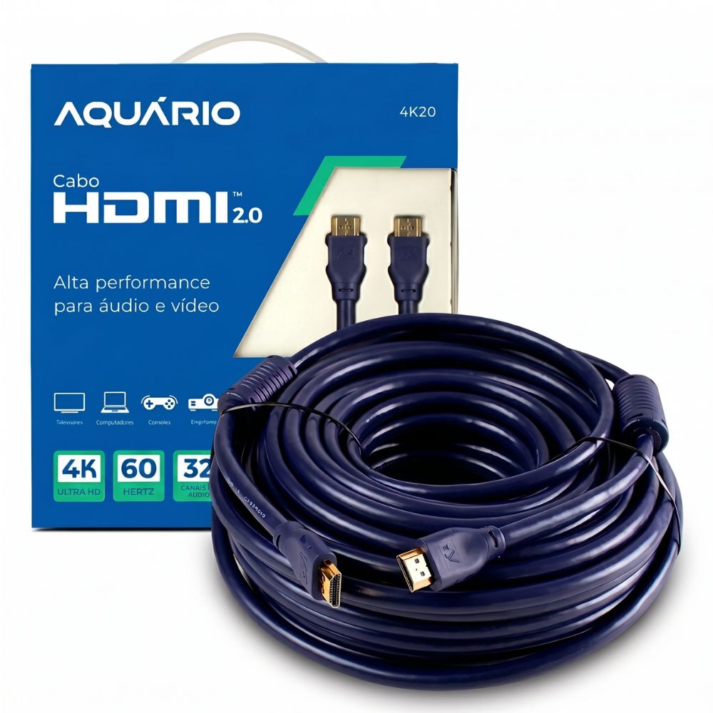Cabo HDMi 20 Metros Aquario 2.0 4K 3D 19 Pinos 20 Metros - 4K20 - AQUÁRIO