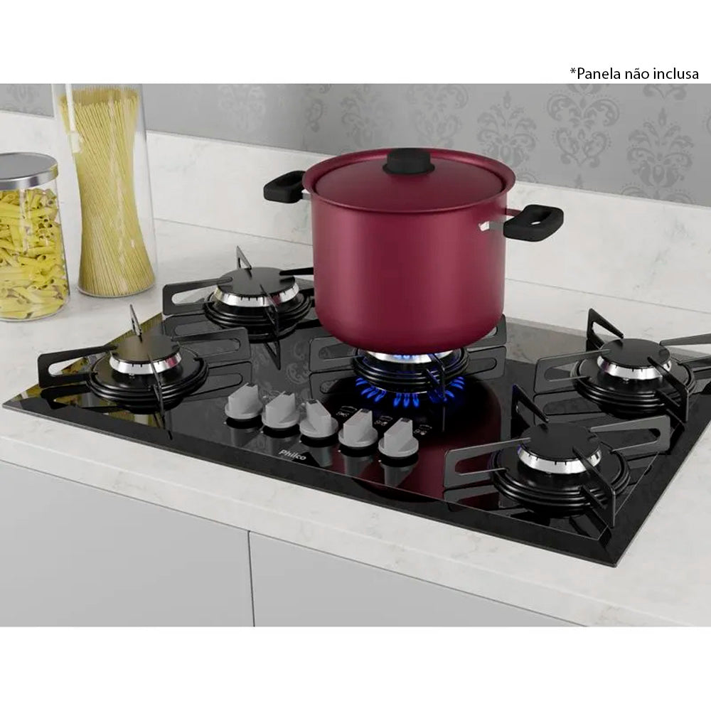 Cooktop Cook Chef 5, Com 5 Bocas, PHILCO, Tampo em Vidro Temperado 8mm, Preta, Grande