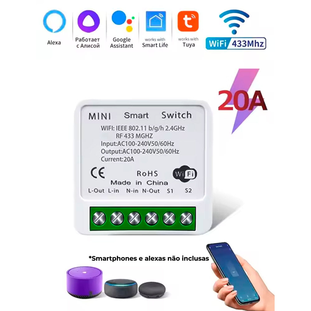 Mini Switch Para Interruptor Inteligente 100-240V, 20A Compatível Com Google Assistant e Alexa- Tuya
