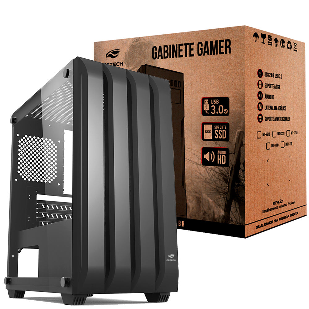 Gabinete Gamer C3Tech MT-G100BK Mid Tower, Lateral em Vidro Temperado, USB 2.0 + USB 3.0, s/Fonte - Preto