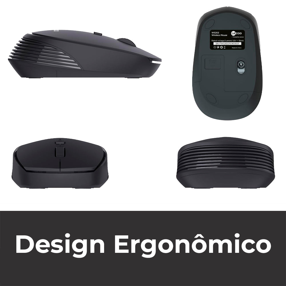 Mouse Sem Fio Lecoo Lenovo, 4 Botões, Controle DPI, Ambidestro, WS202, Preto