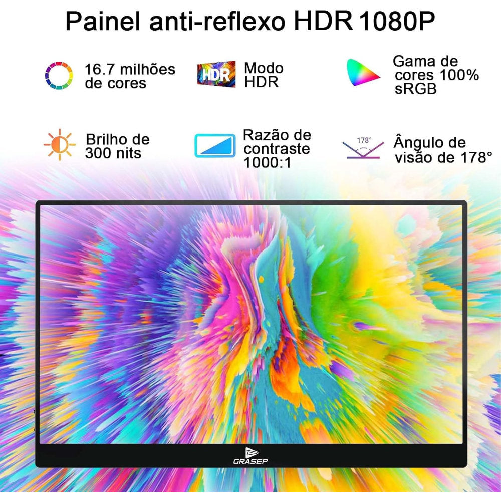 Monitor Portátil Grasep 15,6" Full HD IPS HDR10 USB-C HDMI Leve Versátil Para Trabalho Estudos E Jogos