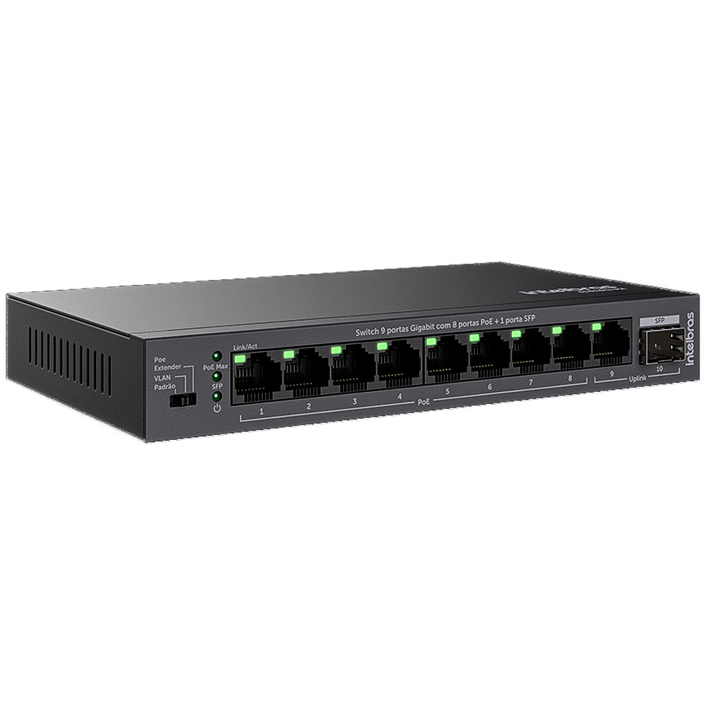 Switch 9 Portas Intelbras S1010G-PA Gigabit Ethernet 8 Portas PoE Com 1 porta SFP