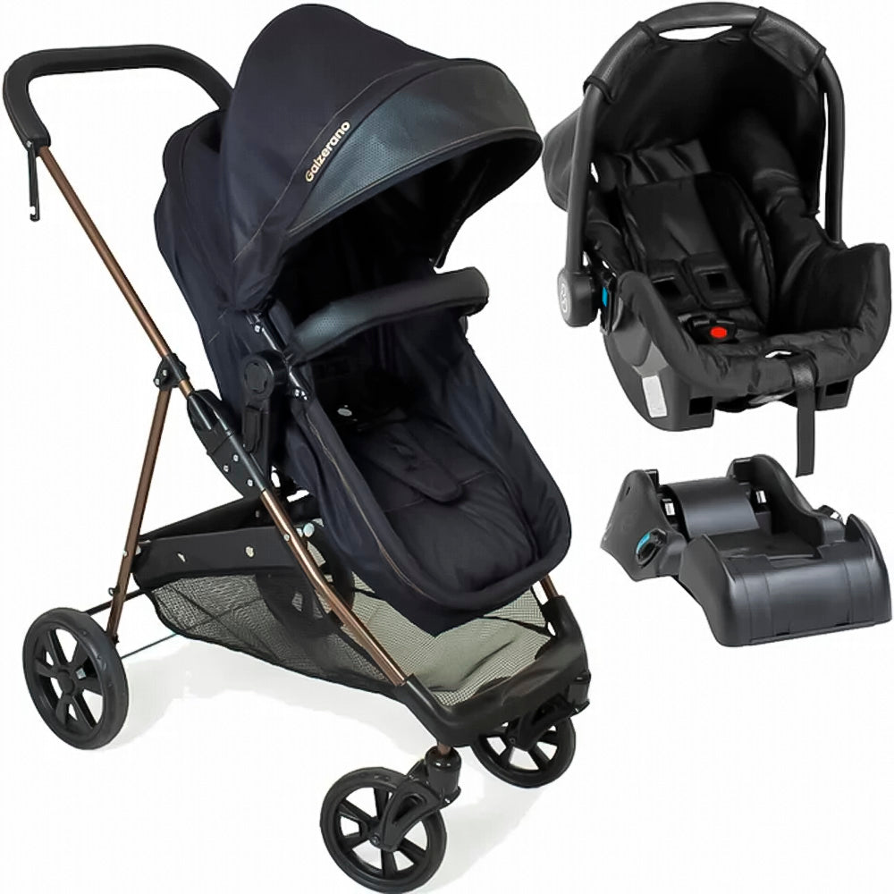 Carrinho de Bebe Infantil, Com Berço de Passeio Moises Reversível e Bebê Conforto Base Auto Napoli Galzerano, Preto