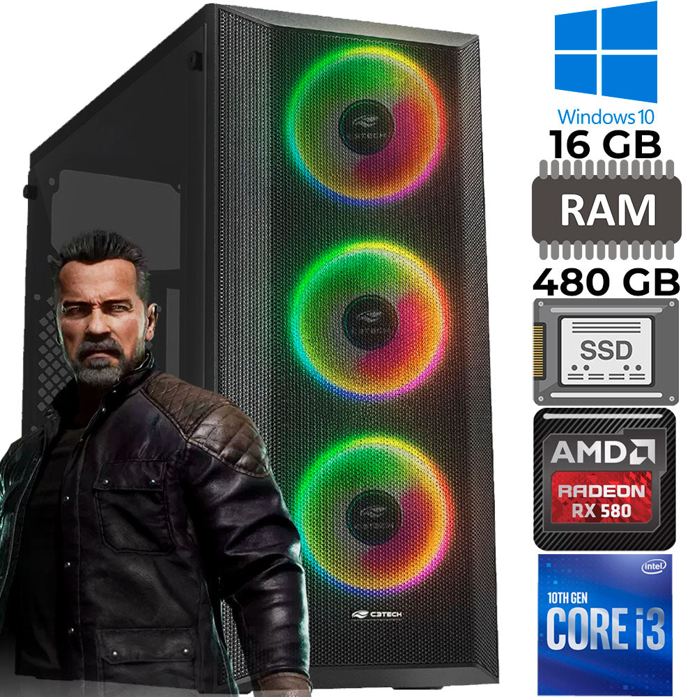 Computador Gamer Core i3-10100F, Fonte 600W 80 Plus, Memória RAM 16GB, HD SSD 480GB, Placa de Vídeo 8GB RX580