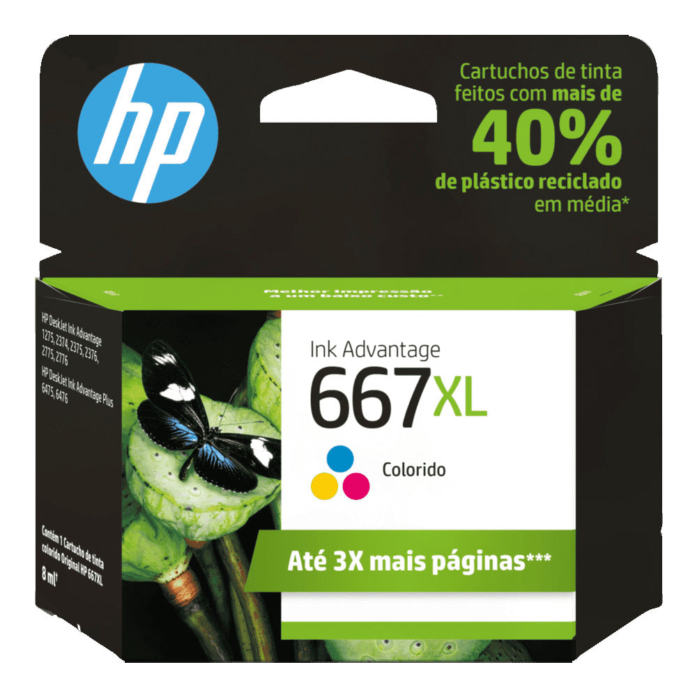 Cartucho HP 667XL Colorido Original 3YM80AB, Para HP Deskjet 2376 2776 6476 5076 5276, Rendimento até 330 Páginas
