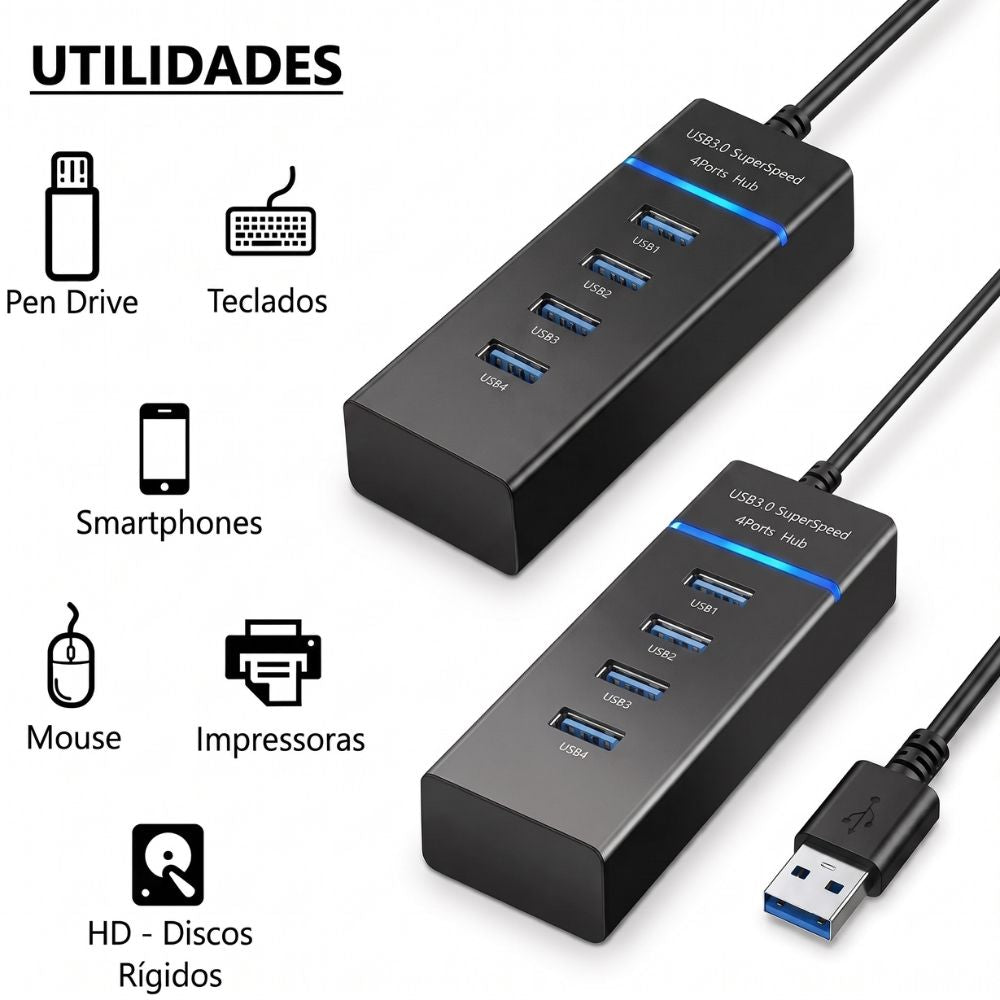 Cabo Extensor Hub Lukton USB 3.0 SuperSpeed 30Cm , 4 Portas Hub, Suporta Até 500GB - Preto