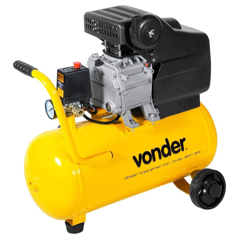 Motocompressor de Ar Vonder 220V, 60Hz, 21.6L Com Alças, Rodas, Interruptor Liga/Desliga e Manômetro