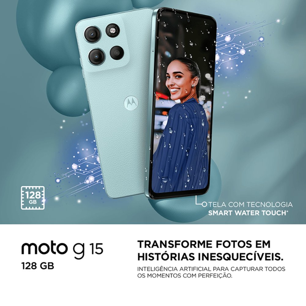 Smartphone Motorola Moto g15 128GB 12GB RAM (4GB + 8GB Boost) Camera 50MP com AI Tela FHD+ 6.7" - Azul Claro