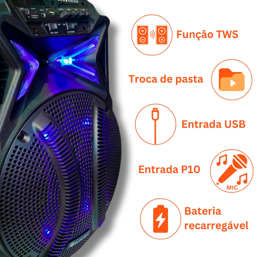 Caixa de Som Amplificada 500W, Bluetooth, Com Microfone e Controle, Sumay Stone 12- SM-CAP44