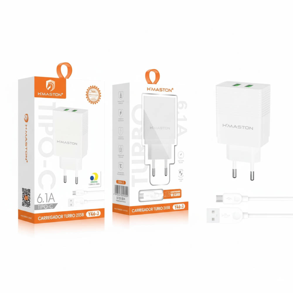 Carregador Turbo H'Maston Y46-3, com 2 Portas USB, Saída 6.1A, 5V, Bivolt 100-240V, com Cabo Tipo-C, Branco