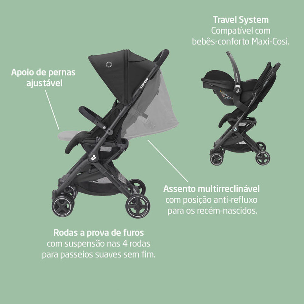 Carrinho de Bebê Lara² TS Com Bebê Conforto E Base Maxi Cosi Preto