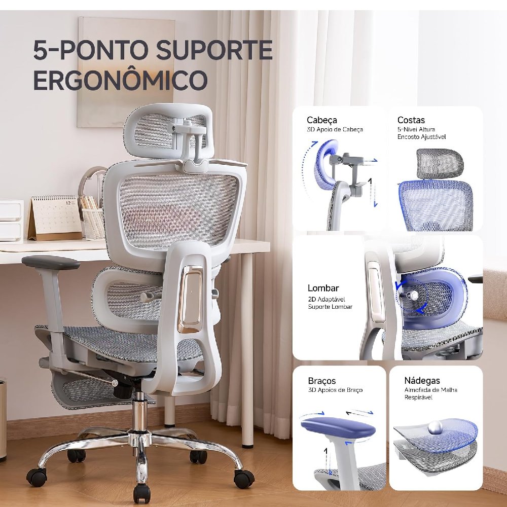 Cadeira Ergonômica LarkLeaves L10 Mesh Apoio de Pé Braço 3D Cinza
