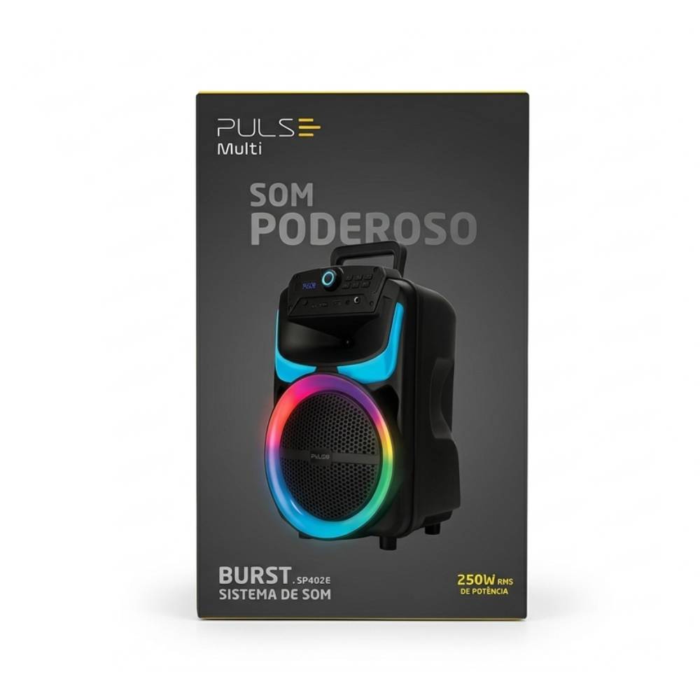 Caixa de Som Pulse Burst 250W RMS 8POL BT/AUX/USB/FM, Preto Com LED - SP402E