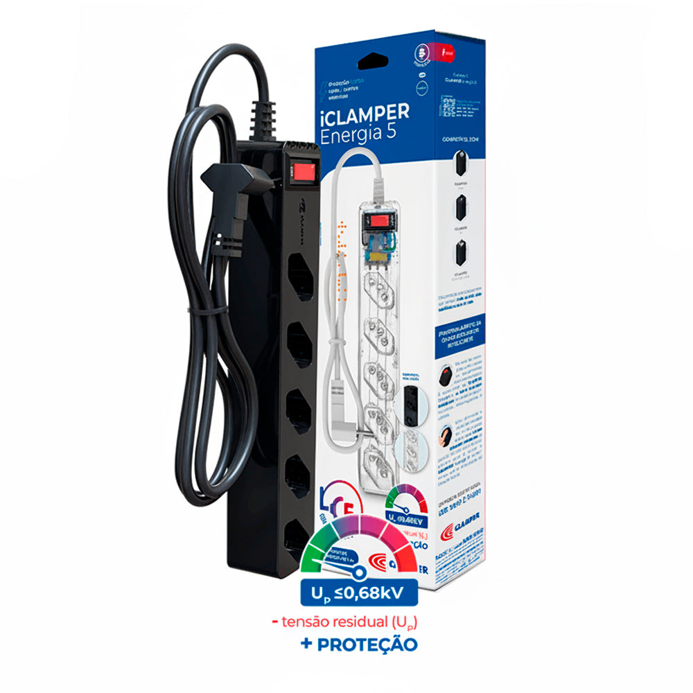 Filtro de Linha Clamper 5 Tomadas 2P+T, 10A, Bivolt, 1m, Proteção contra Surtos Elétricos com Tecnologia LCF - Preto