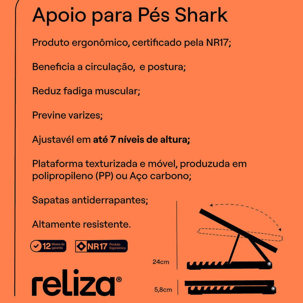 Apoio para Pés Ergonômico Reliza Shark PP Gangorra NR17 com 7 Regulagens - Preto