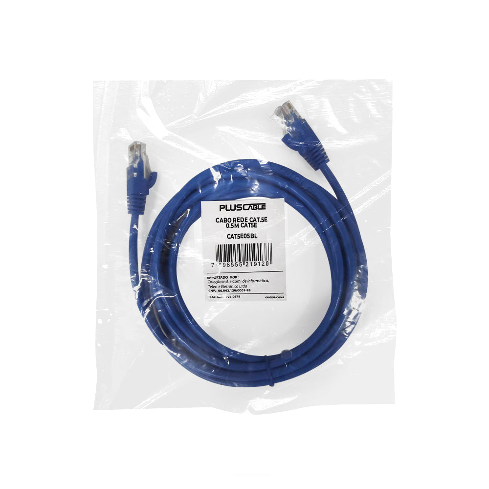 Cabo de Rede Cat5.E 0.5M 50cm CAT5E05BL Patch Cord, PlusCable - Azul