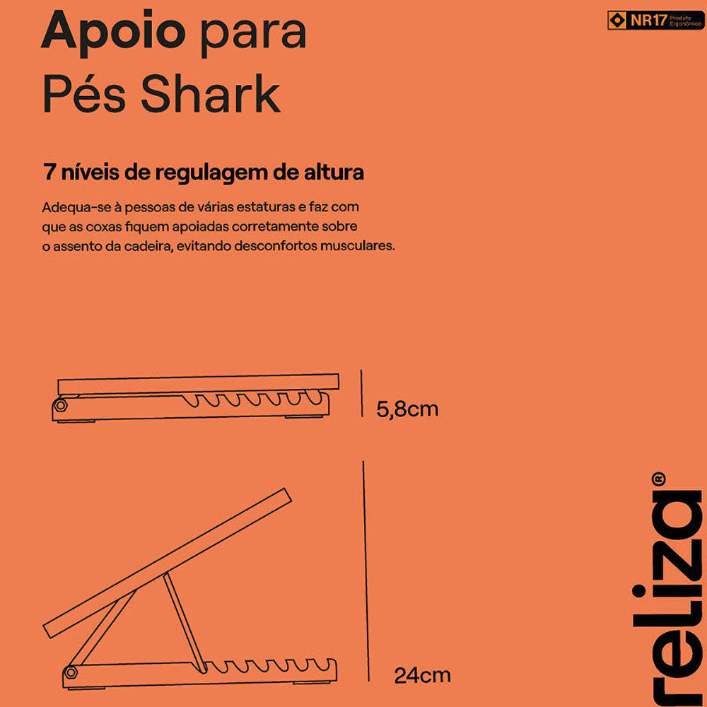 Apoio para Pés Ergonômico Reliza Shark PP Gangorra NR17 com 7 Regulagens - Preto
