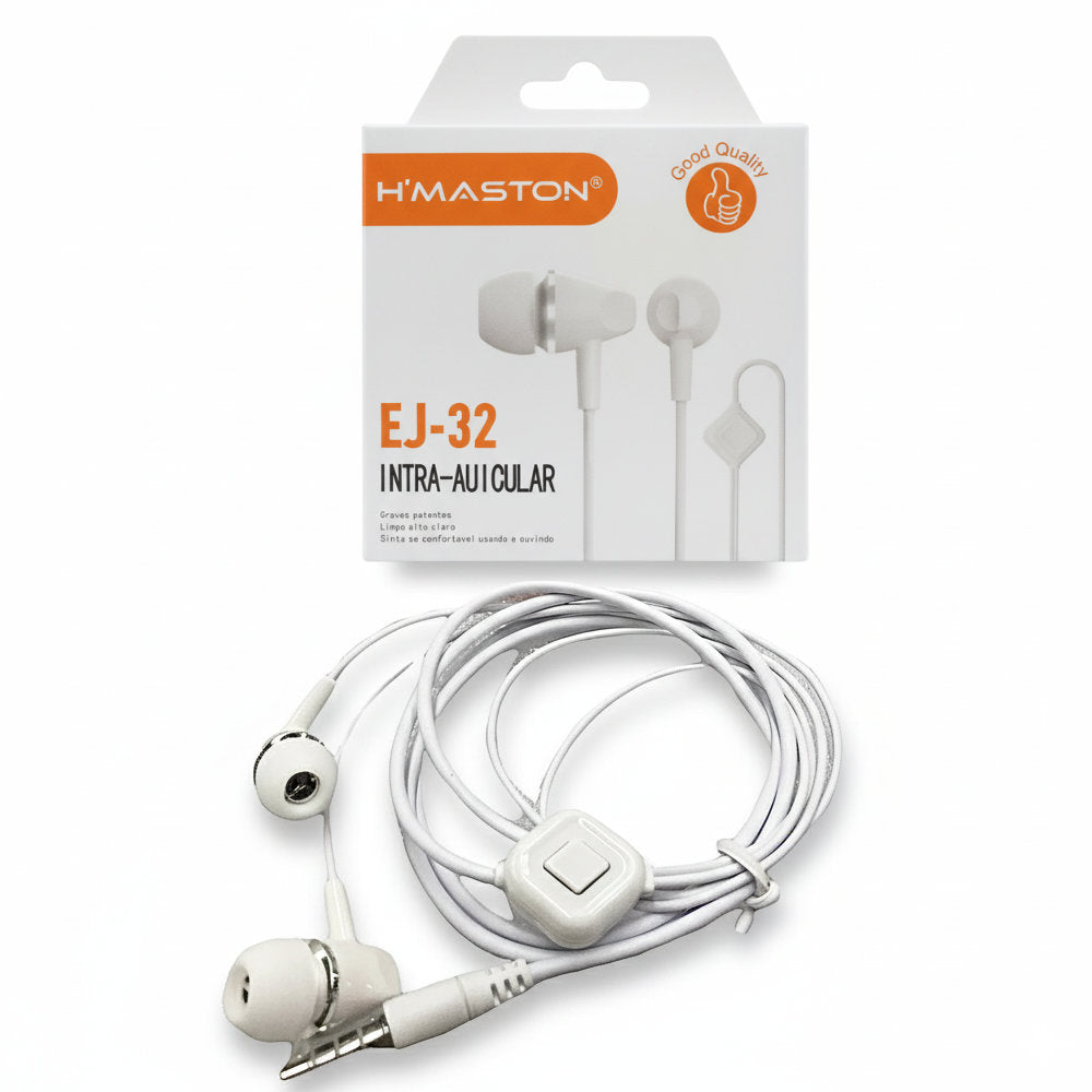 Fone De Ouvido EJ-32, Intra Auricular 3.5mm, Cabo em TPU Revestido, Cabo 1.2 Metros, H'maston, Branco