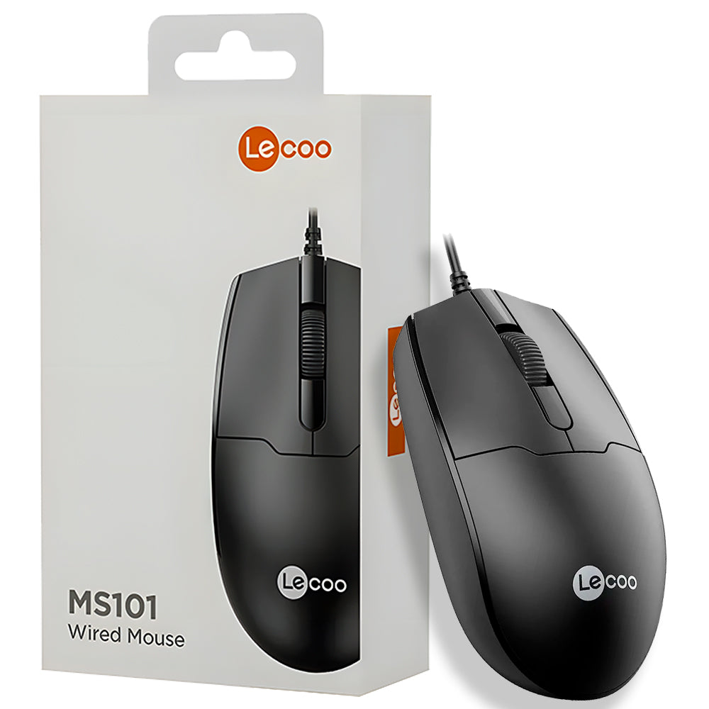 Mouse Ópitco Com Fio USB, Lenovo Lecoo, 1.200 DPI, MS101, Ergonômico, Preto