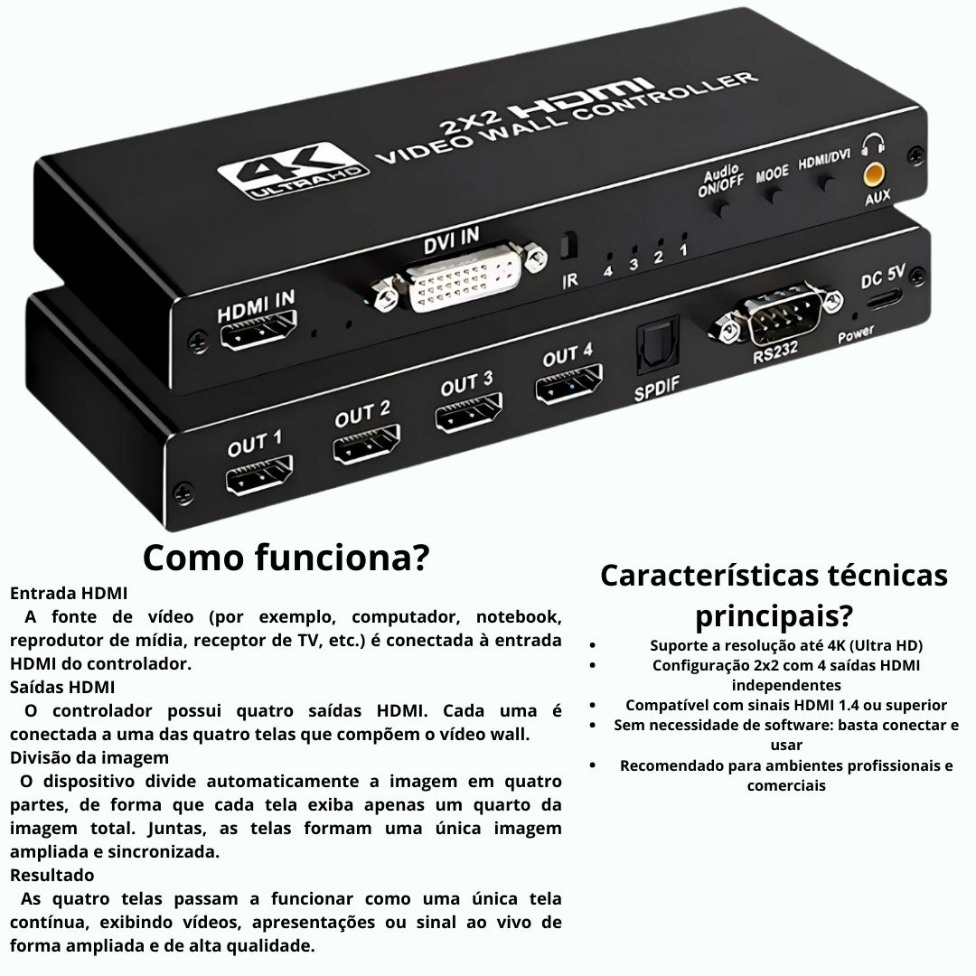 Controlador Vídeo Wall 2x2, Até 4K Full HD, HDMI, Divide 1 Imagem em 4 Telas, Fácil Instalação - Preto