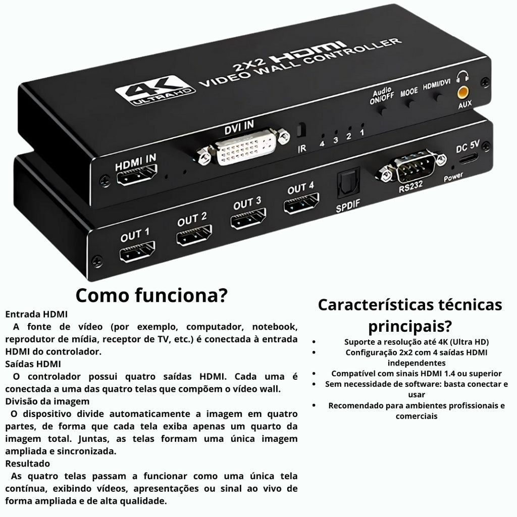 Controlador Vídeo Wall 2x2, Até 4K Full HD, HDMI, Divide 1 Imagem em 4 Telas, Fácil Instalação - Preto