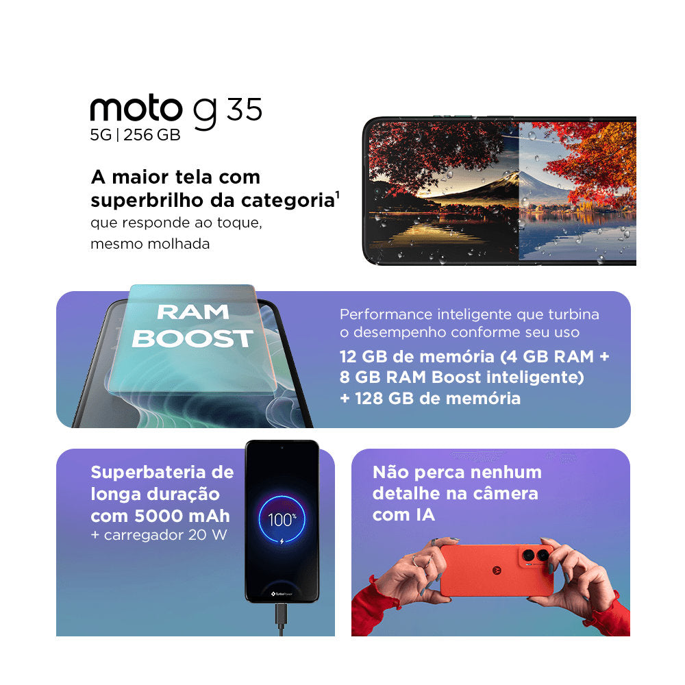 Smartphone Motorola Moto g35 5G 256GB 12GB RAM (4GB + 8GB Boost Inteligente) Câmera 50 Mp + Selfie 16mp Tela 6.7" -Coral