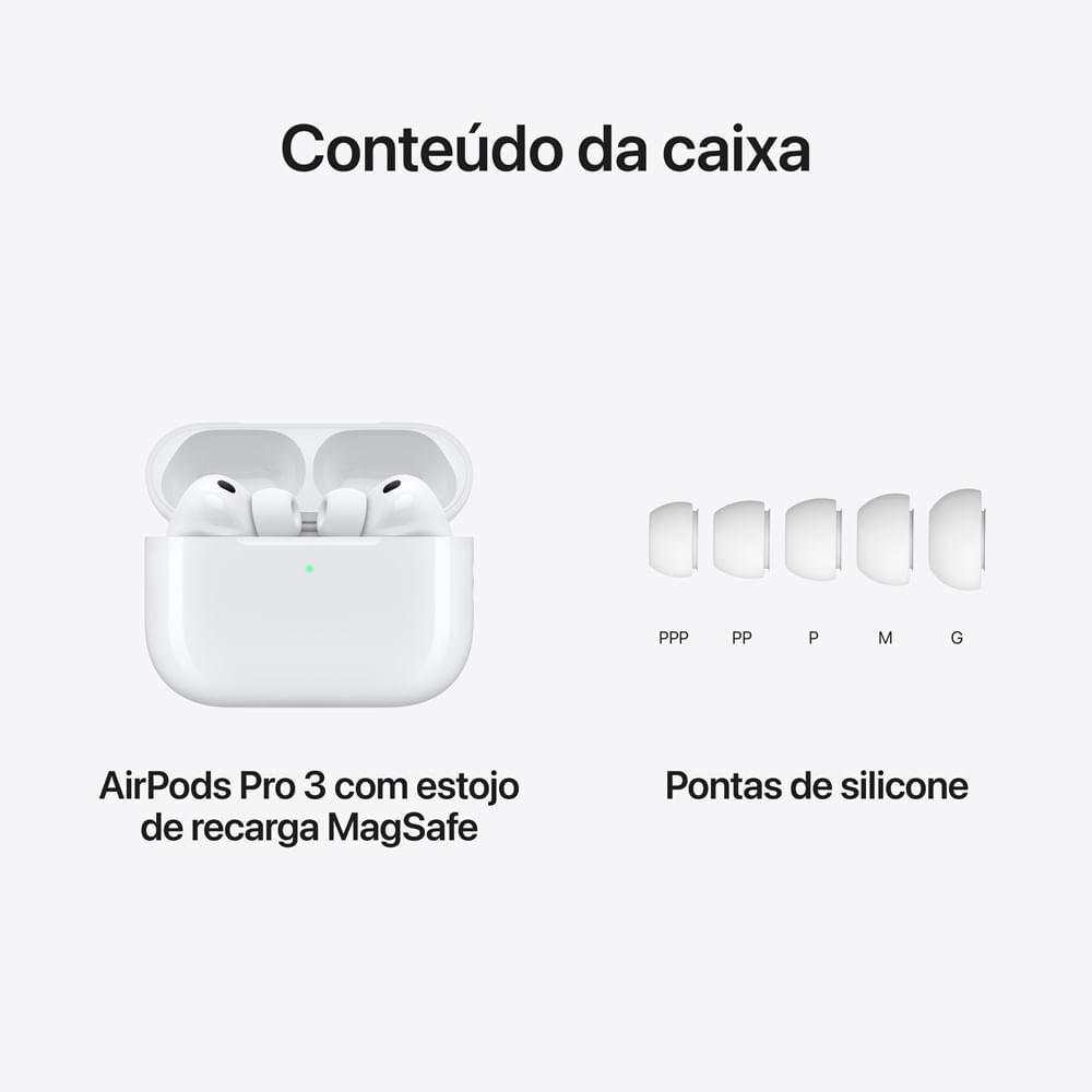 AirPods Pro 3 Apple, Cancelamento Ativo, Ruído 2x Melhor H3 Chip, 5 Tamanhos Tips, Estojo MagSafe USB-C, 8h Bateria