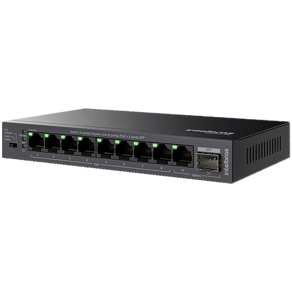 Switch 9 Portas Intelbras S1010G-PA Gigabit Ethernet 8 Portas PoE Com 1 porta SFP