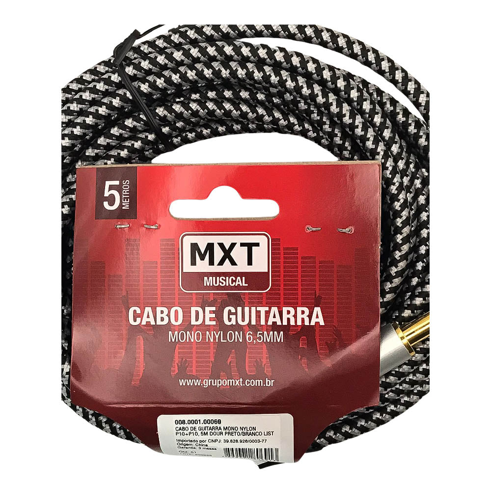 Cabo para Guitarra e Violão 5 Metros Blindado P10 x P10 Têxtil Anti-Interferência - Preto