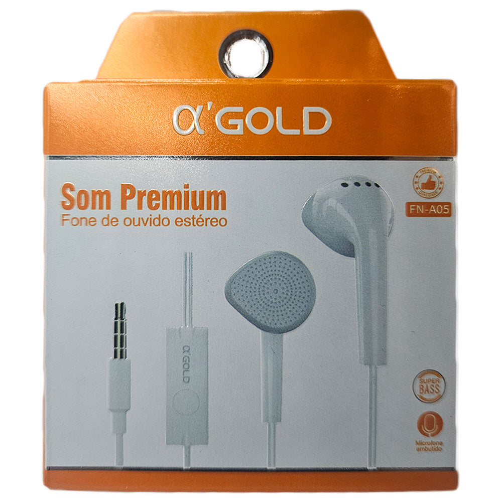 Fone De Ouvido Stereo, Super Bass, com Microfone, Fio 1.2 Metros, A'Gold, FN-A05 - Branco
