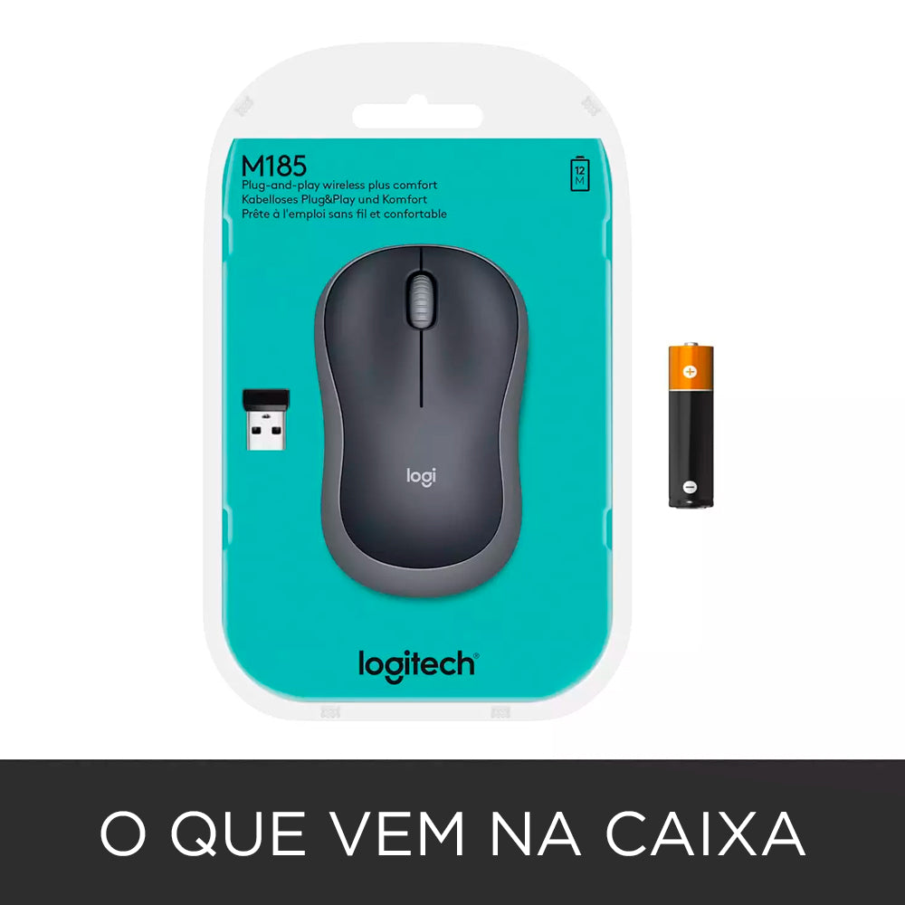 Mouse Óptico Sem Fio Logitech M185, Ambidestro, 1.000DPI, Compacto, 3 Botões, Cinza