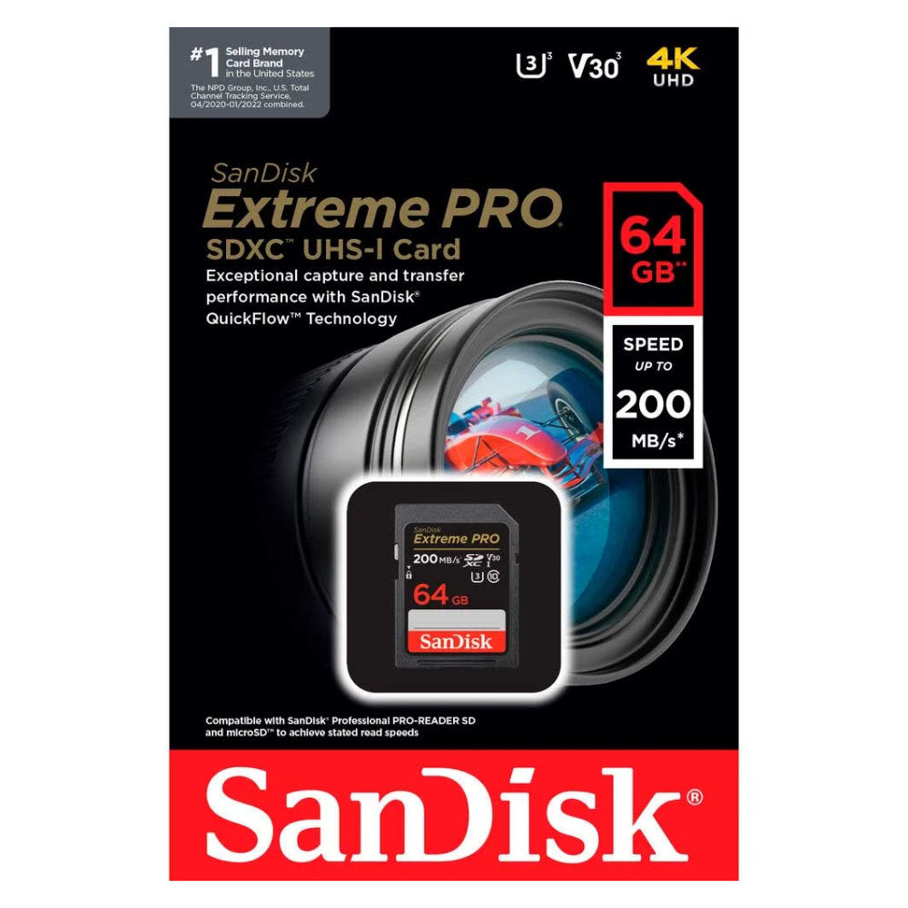 Cartão Memória SanDisk Extreme PRO 64GB SDXC UHS-I SDSDXXU-064G-GN4IN, Classe 10, U3, V30, 4K UHD, Cinza/Preto