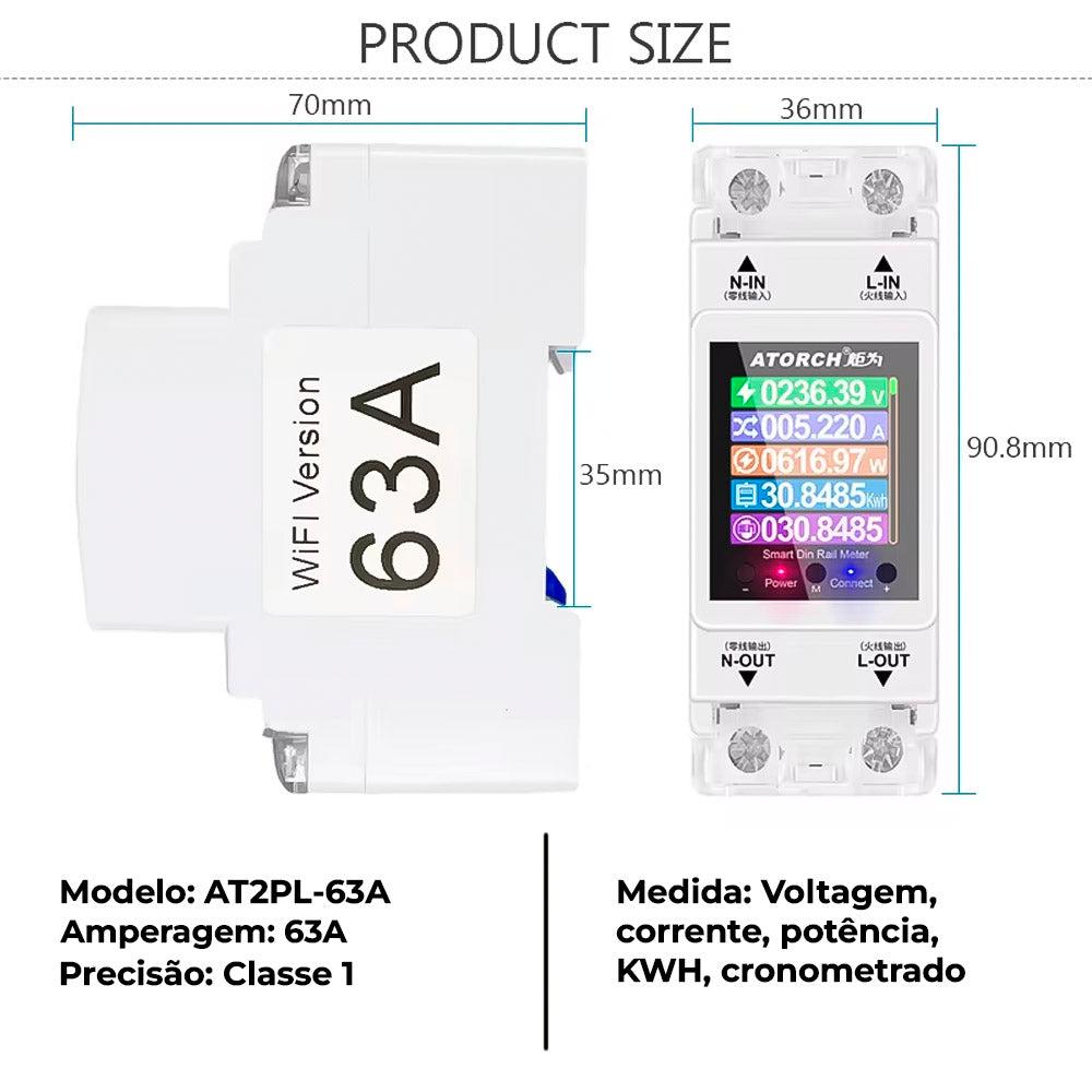 Disjuntor Inteligente Wi-Fi Tuya, Medidor de Energia, Compativel Com Smart Life, 63A- Atorch
