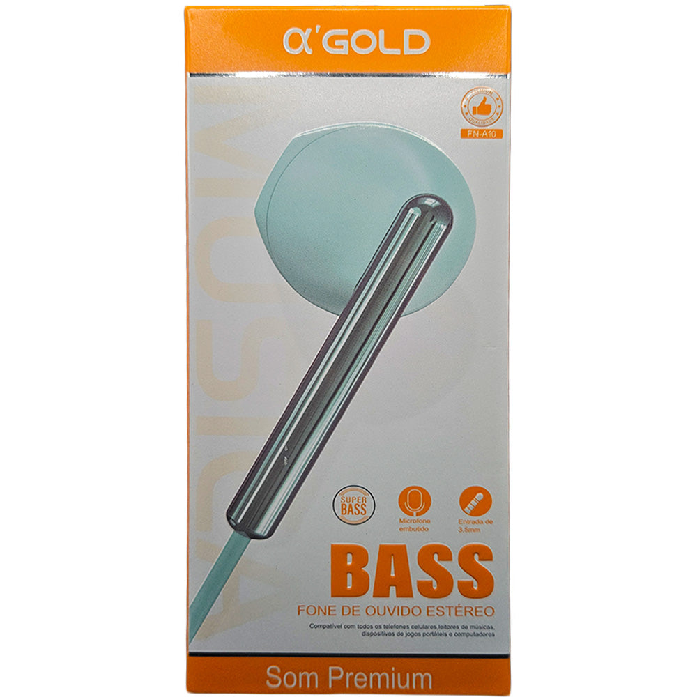 Fone De Ouvido Stereo, Super Bass, com Microfone, Entrada 3.5mm, Fio 1.3 Metros, A'Gold, FN-A10 - Verde