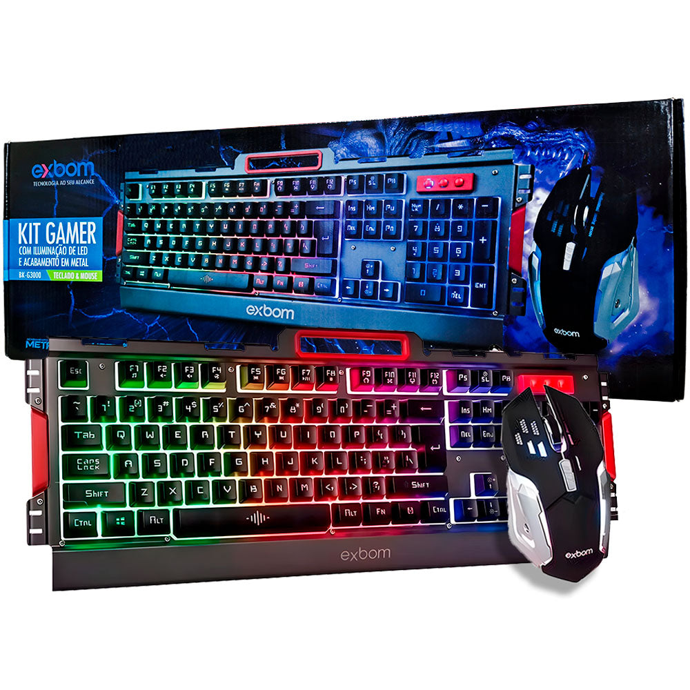 Kit Teclado e Mouse Gamer, iluminação de LED e Acabamento de Metal, ABNT 02511, EXBOM BK-G3000 - Preto