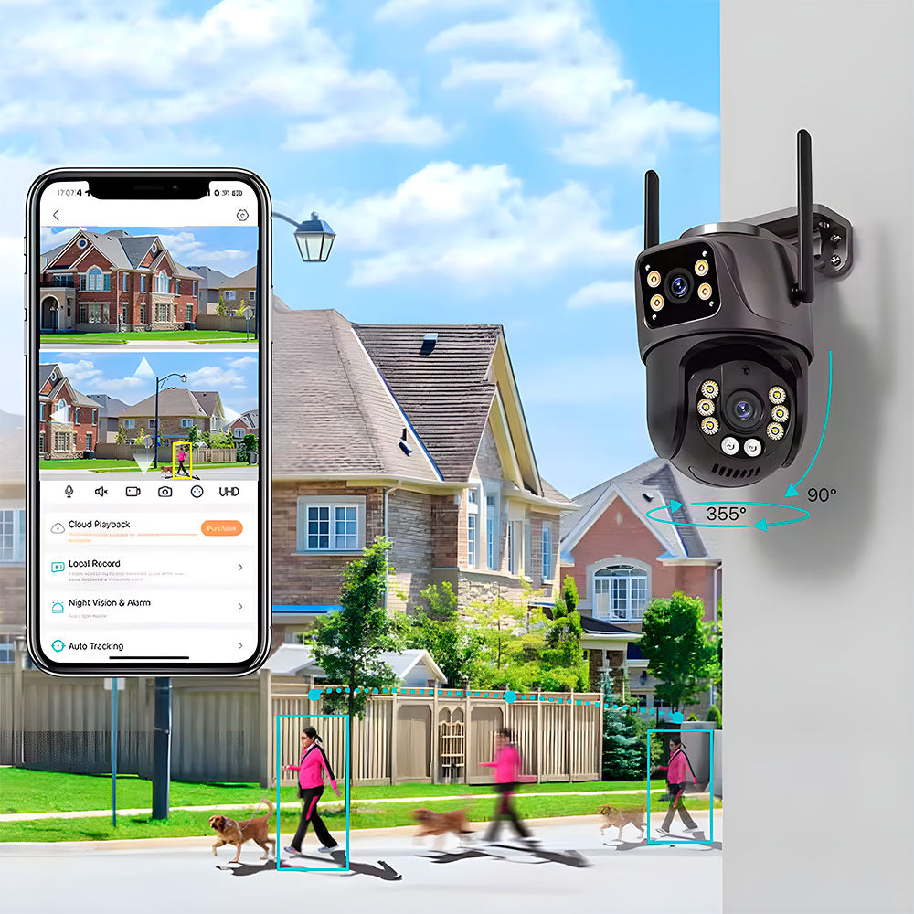 Câmera de Segurança Dupla, Giratória, IP, Wi-Fi, Full HD, 4MP, PTZ, Visão Noturna, iCSee, Compatível Alexa, IP66, Preta